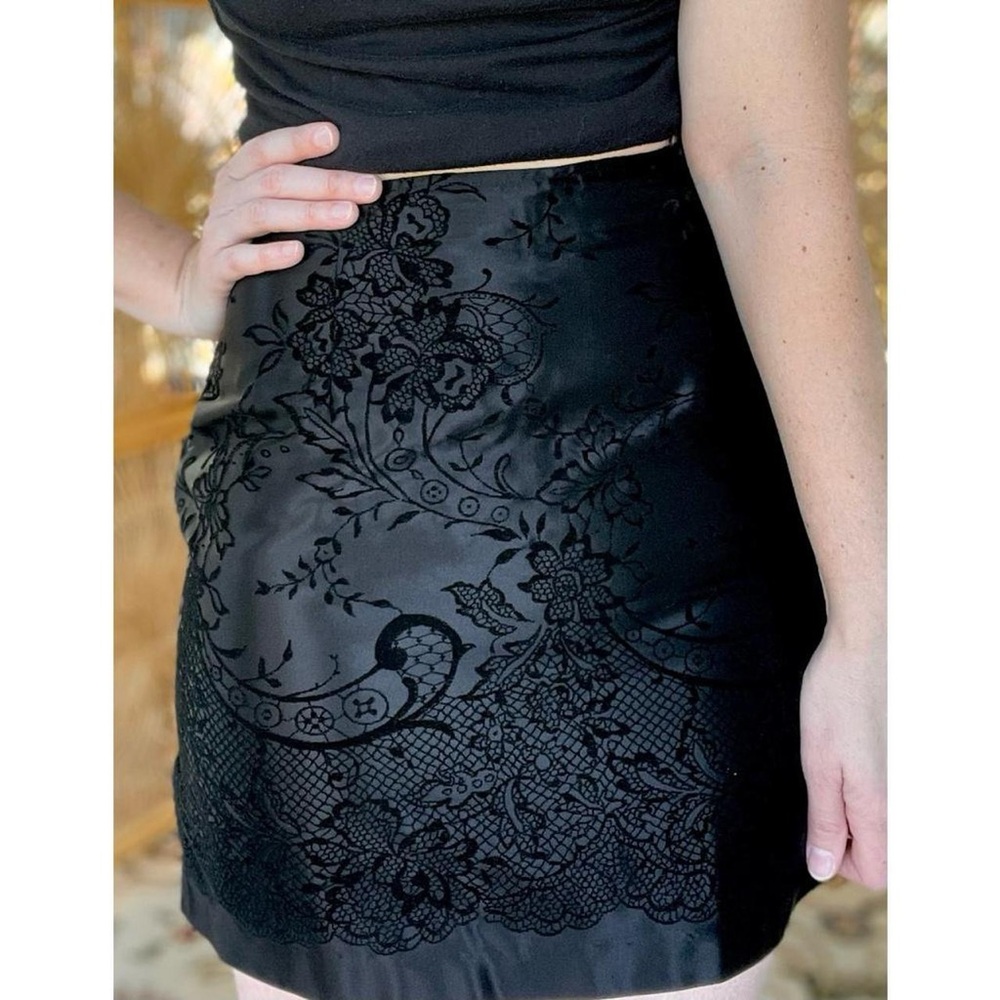 Black Satin Lace Mini Skirt Y2K Floral Velvet Lace Pattern Overlay Goth Coquette